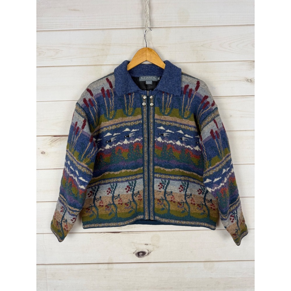 Icelandic Design Sweater Womens XL Wool Blend Lined Full Zip Landscape